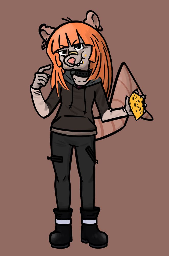 furry rat sona with orange hair holding and eating cheese