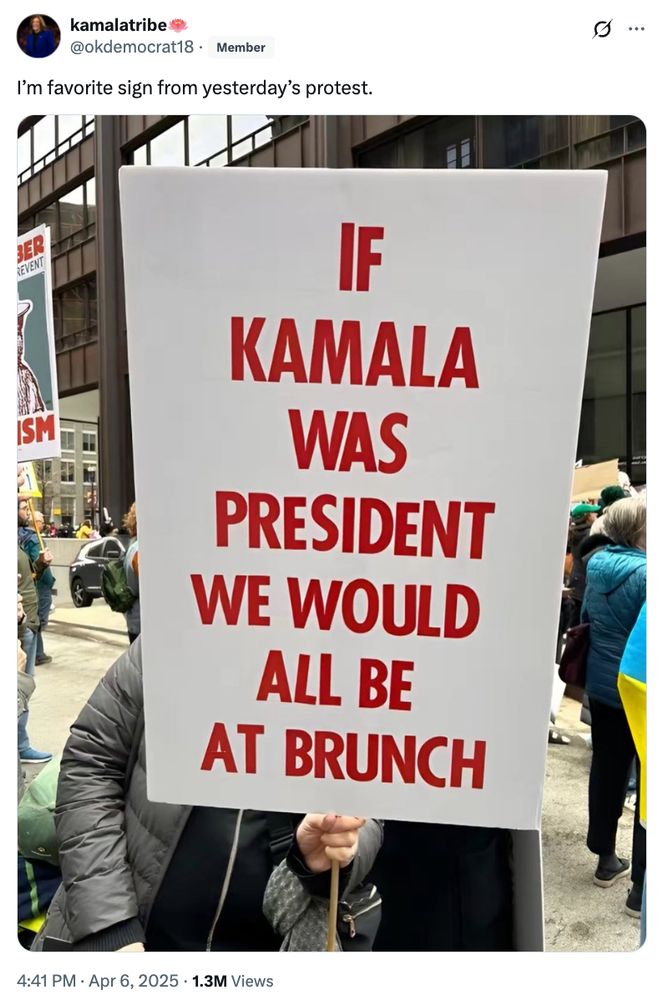Liberal carrying a sign saying "if kamala was president we would all be at brunch"
