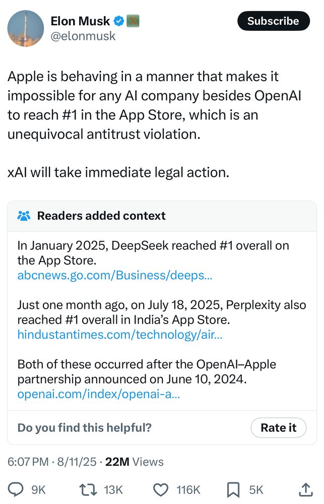Elon tweeting that Apple is favoring openAI