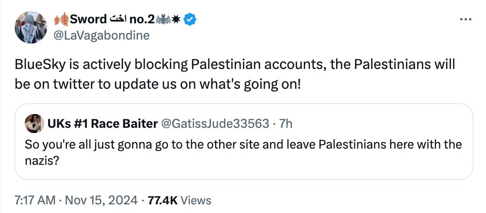 Person tweeting that bsky is blocking palestinians