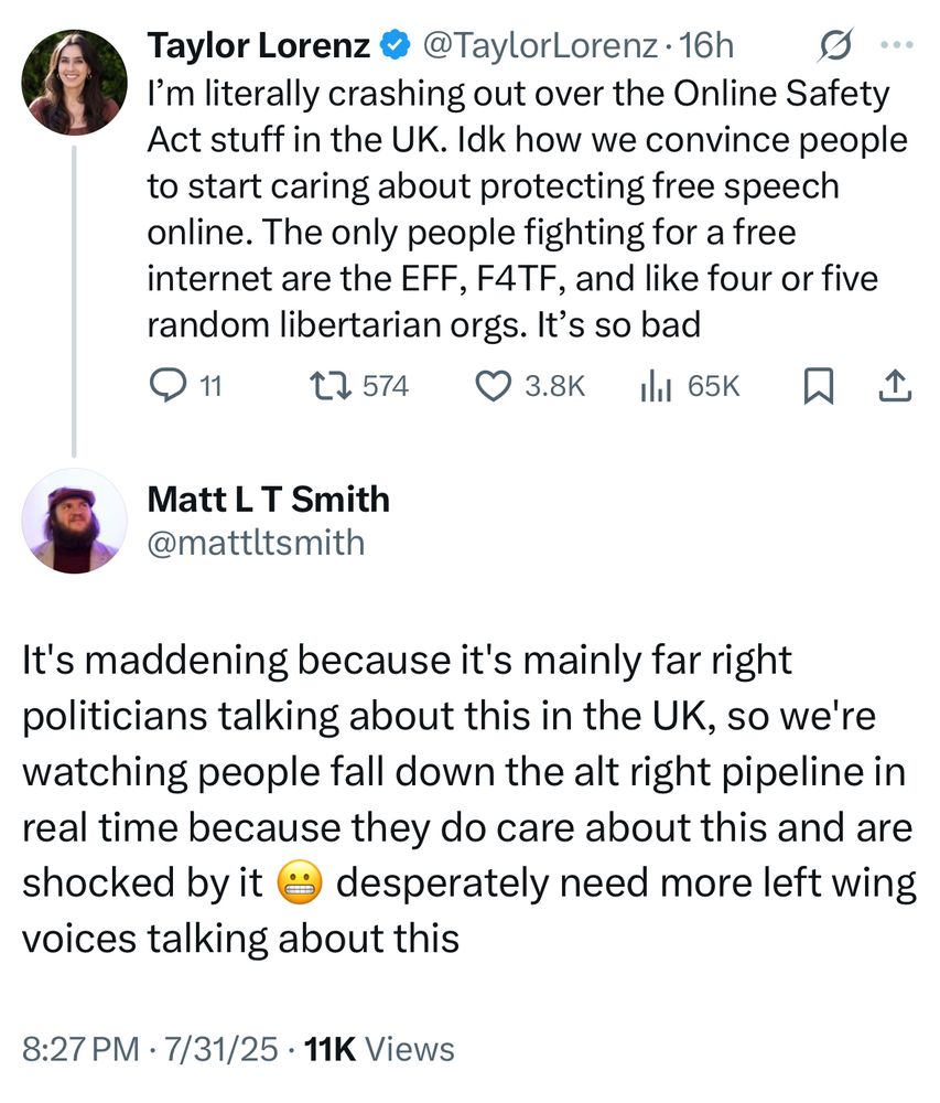 Tweet reading: It's maddening because it's mainly far right politicians talking about this in the UK, so we're watching people fall down the alt right pipeline in real time because they do care about this and are shocked by it 😬 desperately need more left wing voices talking about this