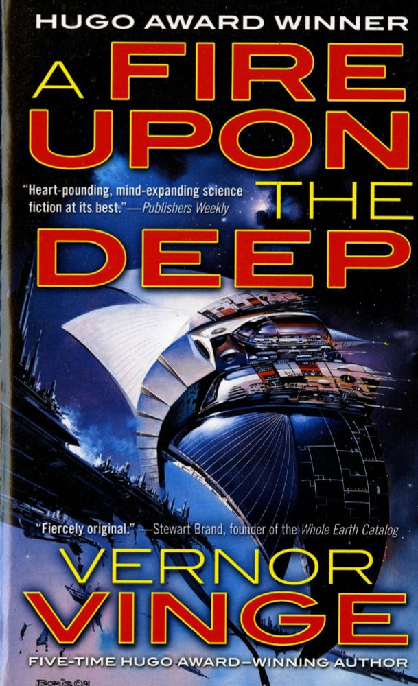 The book cover for A Fire Upon the Deep by Vernor Vinge. A stylized, futuristic spaceport sits at the center of the cover in the foreground, with a galactic cloud of stars across the background. 
