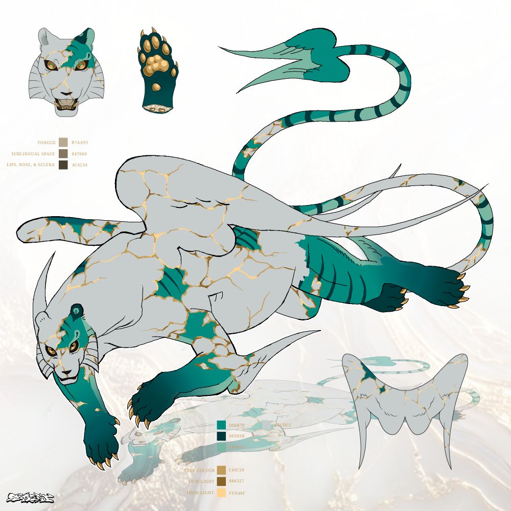 A fantastical creature with the body of a tiger with wings that sprout from its back. It has a very long and thin tail with wings at the tip. It hovers over the ground and stares intensely at the viewer. The tiger creature is mostly an off-white, but its whole body is covered in golden cracks, which expose splotches of turquoise. The turquoise parts are striped like the typical tigers' markings. The background is white but transitions to a marble white and gold background at the bottom. The creatures reflection can be seen on the floor. On the bottom right of the image, there is an illustration of the creatures wings, which have the same markings as the rest of its body. On the mid-right bottom of the image, there is a colour pallette of the colours #008B7E, #00393B, #7BBA3, #C49C59, #886327, #FFD48F, and #C6CDCC. In the top right corner of the image, there are illustrations of the creatures face and paw, showing close ups of details that may be missed by the viewer. The creatures mouth is open, exposing its beige mouth and gold teeth. Its eyes have black scleras and gold irises. It has golden claws and paw pads of the same coloir. Just below the illustrations of the face and paw, there is a pallette of the colours #B7AA91, #847660, and #4C4234. In the bottom right corner, there is a watermark, "SOYLENT".