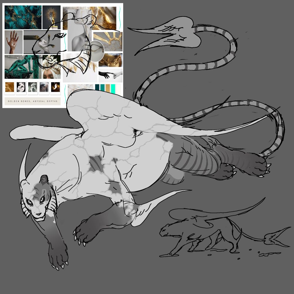 A tiger with wings and a very long and thin tail. It looks like it has the piebald mutation, but the white has crack like markings reminiscent of the art of kintsugi. The bits with melanin are striped like a regular tigers fur. On each limb, there is a gradient from medium grey to dark grey.