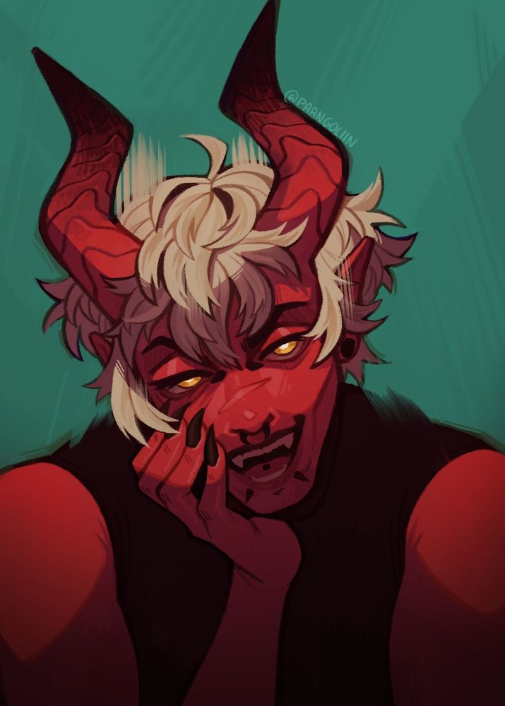 Portrait of a tiefling looking at the observer. He has red skin, yellow eyes and blonde hair. He rests his head on his hand and smiles at the camera.
