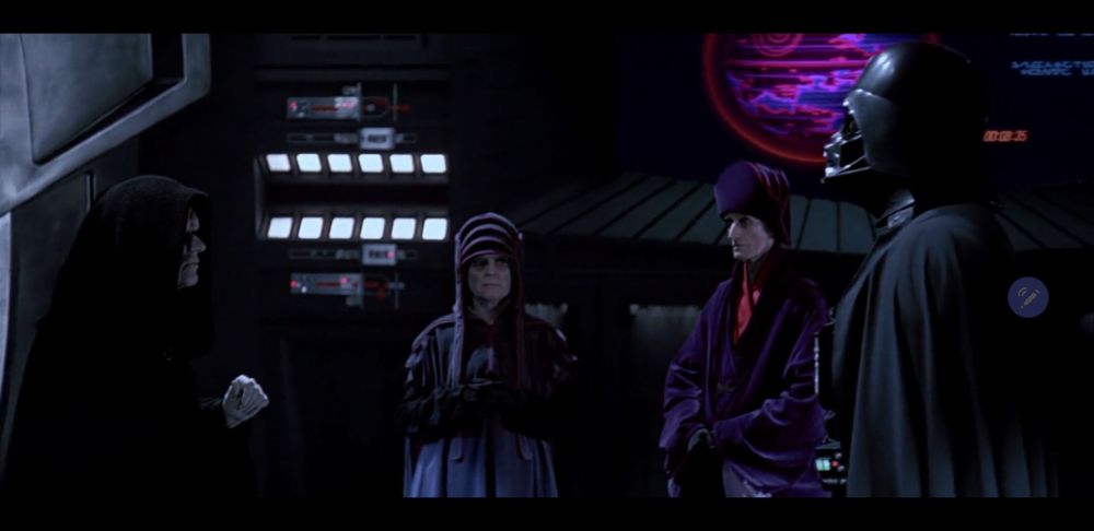 Emperor Palpatine, Darth Vader, and two imperial dignitaries hanging out on the Death Star II. 