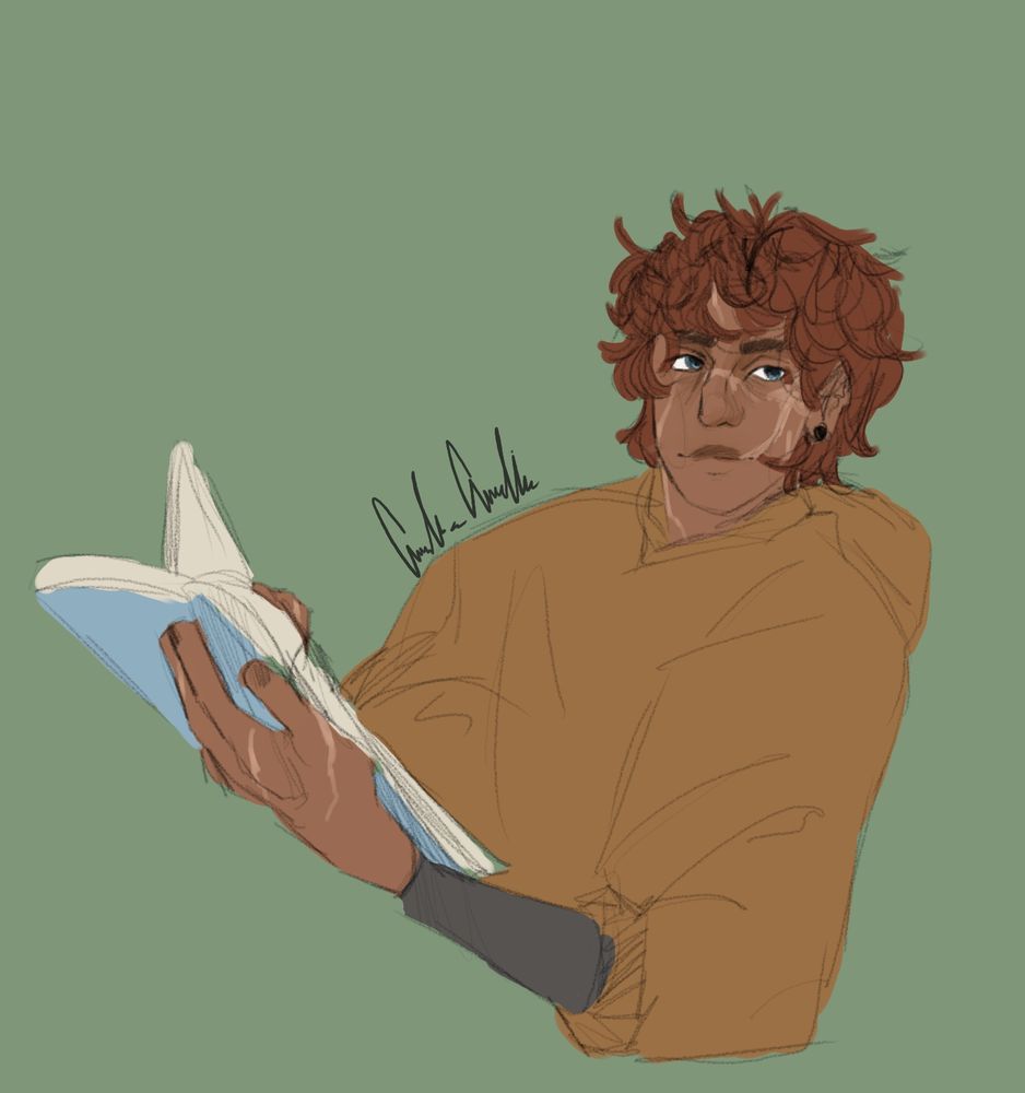 Neil Josten from the aftg (all for the game) series reading a textbook, drawing by me 