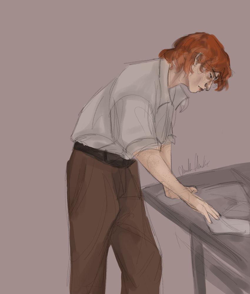 Art drawn by me of a character named Tarlington from a book titled All The White Spaces. He his stood over a desk of papers, red haired and fair skinned with freckles, wearing brown trousers and a white shirt. 
