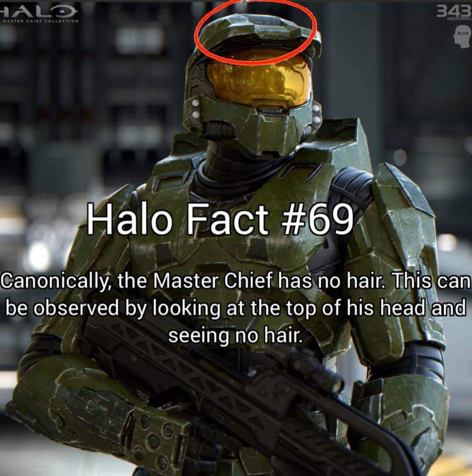 Halo Fact #69
Canonically, the Master Chief has no hair. This can be observed by looking at the top of his head and seeing no hair.