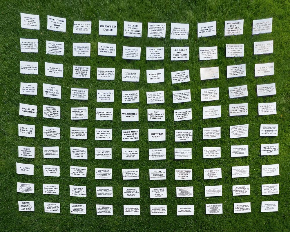 Grid of 100 actions Trump has done in 100 days on signs laid out on Capitol Hill lawn