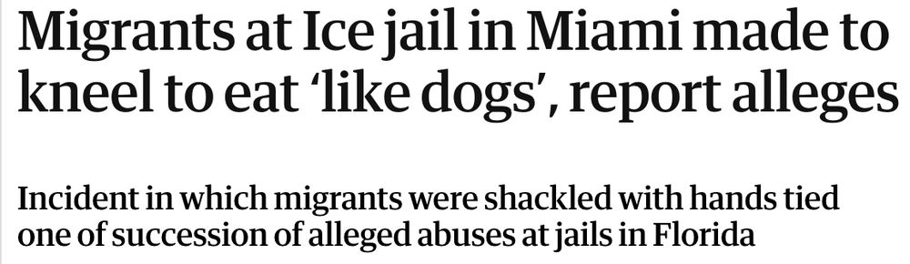 Migrants at Ice jail in Miami made to kneel to eat ‘like dogs’, report alleges Incident in which migrants were shackled with hands tied one of succession of alleged abuses at jails in Florida 