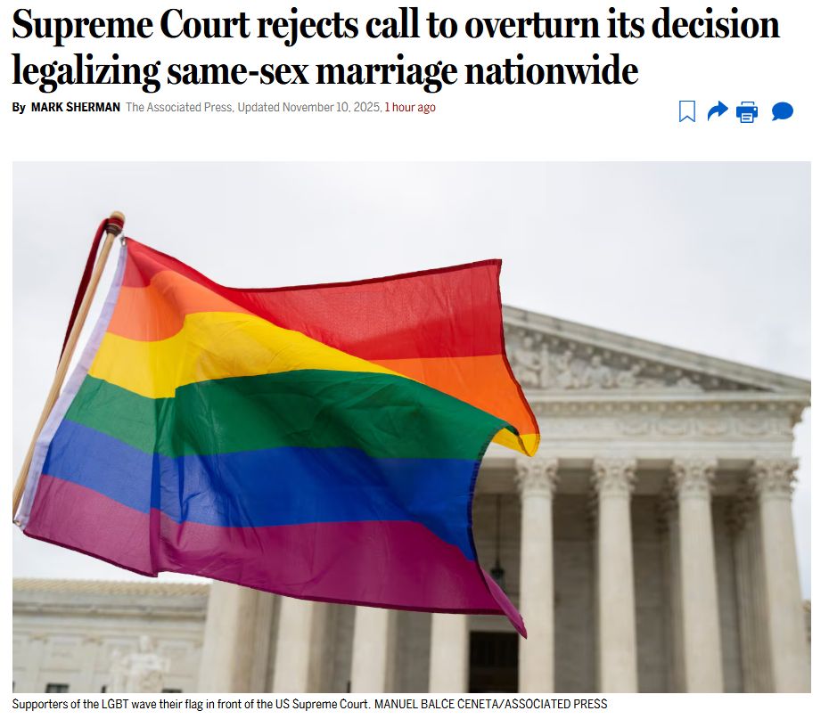 Supreme Court rejects call to overturn its decision legalizing same-sex marriage nationwide
Story by MARK SHERMAN • 2h • 2 min read