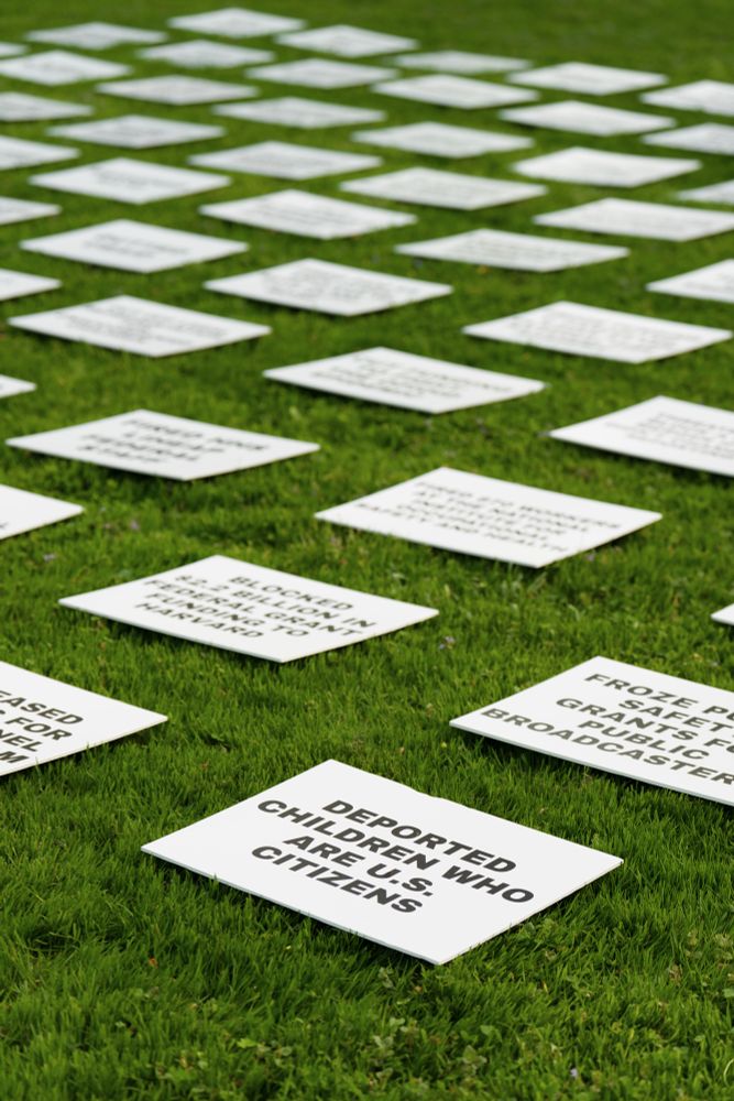 Close up photos of signs labeled with Trump’s actions in 100 days
