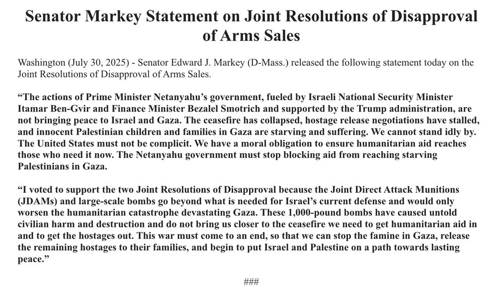 Senator Markey Statement on Joint Resolutions of Disapproval of Arms Sales. Full text linked in the reply.