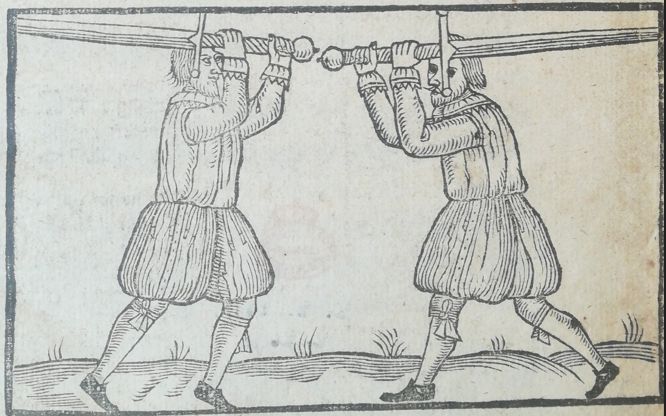 A seventeenth-century illustration of two unarmoured fencers fighting with two-handed swords.