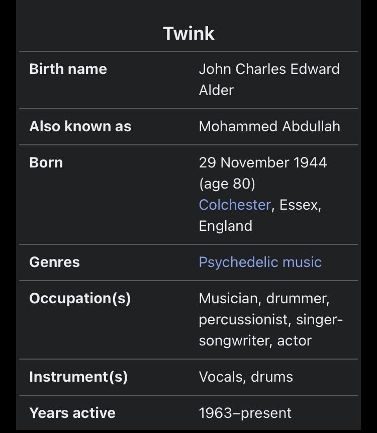 a Wikipedia article for the musician Twink, showing that he has, in fact, not died 