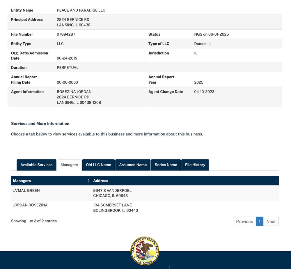 Screenshot of IL Secretary of State webpage showing Ja'Mal Green listed as a manager of Peace & Paradise LLC.