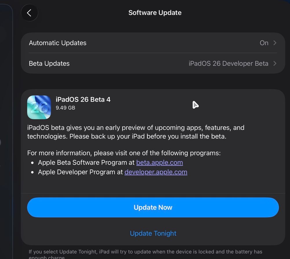 Dev beta 4 update screen