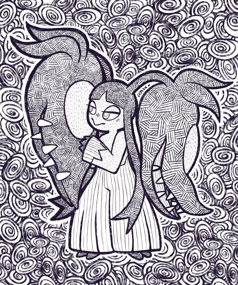 A black and white version of the digital drawing of Mega Mawile, a Pokémon. The character has a humanoid appearance with long black hair that extends into two large, jaw-like appendages with sharp white teeth. 