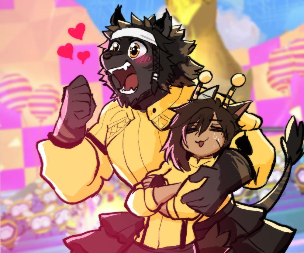 A hrothgar and a miqote wearing yellow outfits, the hrothgar is hugging the miqote while enjoying something offscreen.