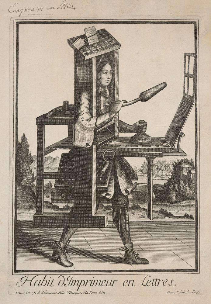 A C.17th century satire called Costume for Printers where basically a man in a curly wig and breeches is walking around wearing a desk various bizarre printers instruments,
