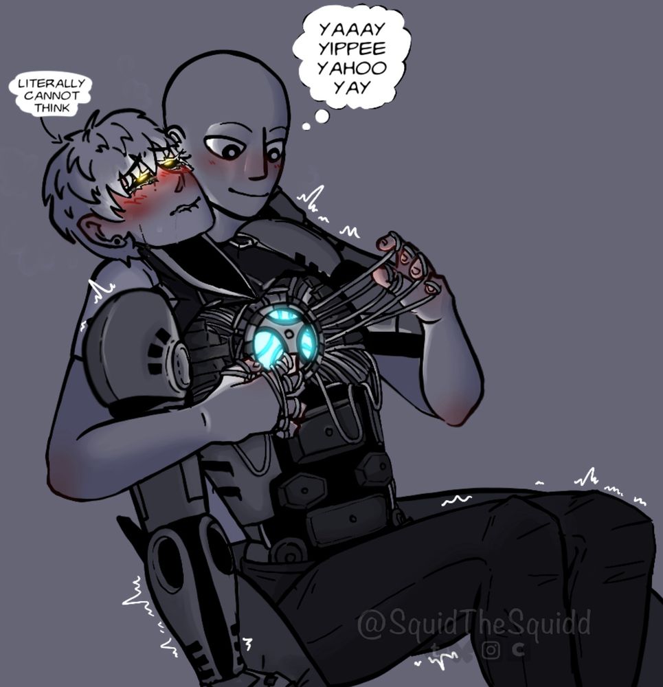 saitama sitting behind genos while genos leans against him. Genos's chest is open and saitama is pulling at his wires