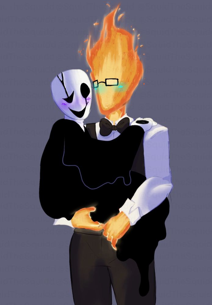 Grillby holding gaster. gaster is melting. both are blushing slightly 