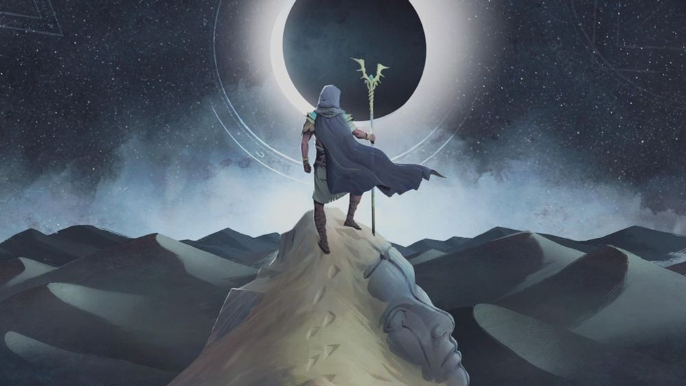 A screenshot from a cinematic in Brimstone Sands, depicting Imhotep standing atop a cliff overlooking sand dunes, the sun in front of him in full eclipse.