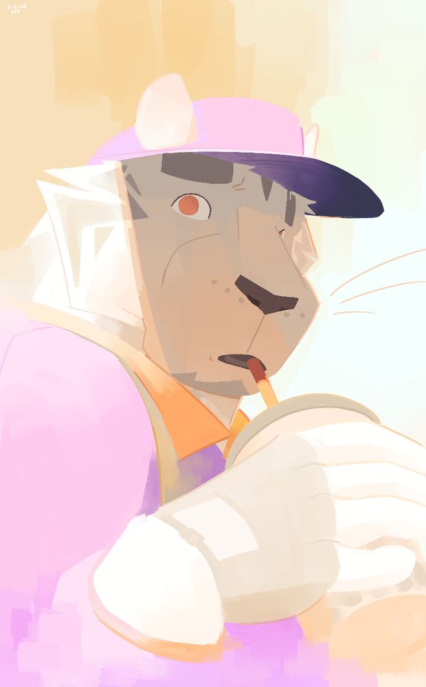 Close up of Tora sipping on boba while on break, in a yellow, warm, over-exposed blurry background.