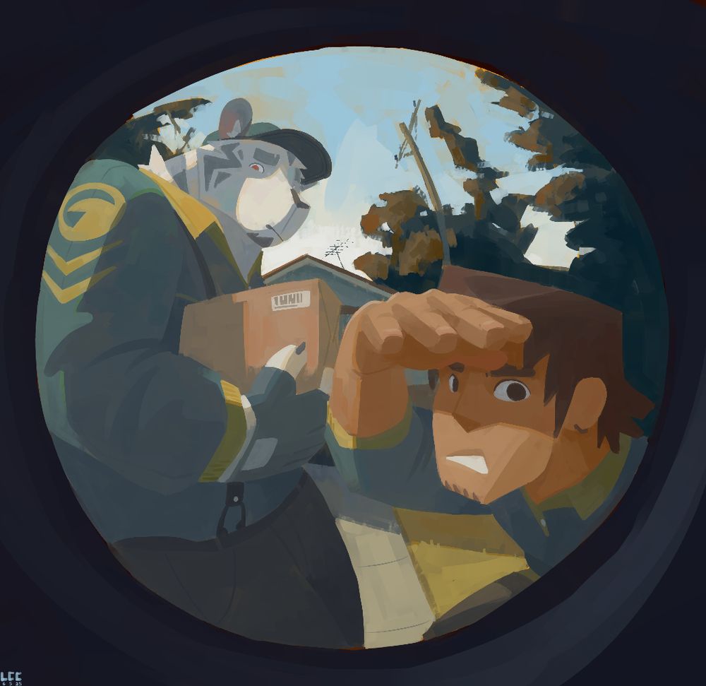 Tora and his coworker looking through a peephole seeing if anyone is home
