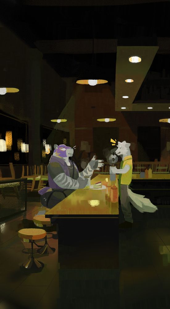 Tora still in his wrestling mask at the cafe after hours talking to his friend Leo
