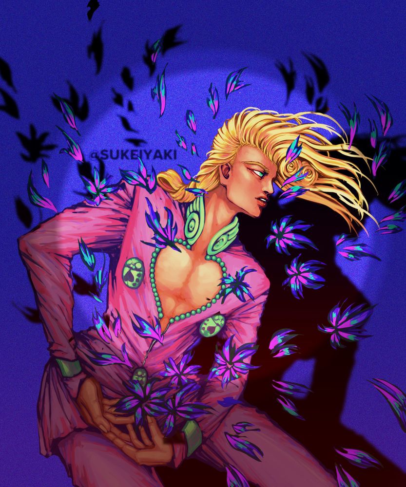 A redraw of Giorno Giovanna from Jojo's Bizarre Adventure posing dramatically under the spotlight effect. His hands are positioned face up on his thighs as though he's embracing the scattered flowers surrounding him.
