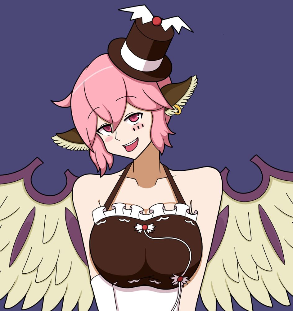 Mystia Lorelei from the Touhou Project wearing a modified version of her usual outfit that was designed for use in a K-ON parody video
https://www.nicovideo.jp/watch/sm9691072

Mystia looks at the viewer with her head titled playfully and an inviting smile on her face. Her cheeks are a soft red from blush but also feature simple face paint in the form of three small lines on just her left cheek. Atop her head is miniature idol top hat with colors that match her dress. On the very top is the same kind of winged ball that adorns her day to day hat.
Her normally modest dress and collared under shirt have been switched out for a low cut dress that begins at her bust and is held up by straps. This leaves her shoulders nearly completely exposed. A white sash around her stomach just below her chest frames her large bosom, which is covered by brown fabric similar to her usual clothes.  The dark color draws in the eye as it is flanked on all sides by the white of the rest of her outfit and her pale skin.
Clearly aware of the allure that her body has, she gently presses her arms together, forcing her breasts to squeeze against each other and making them appear even more supple.