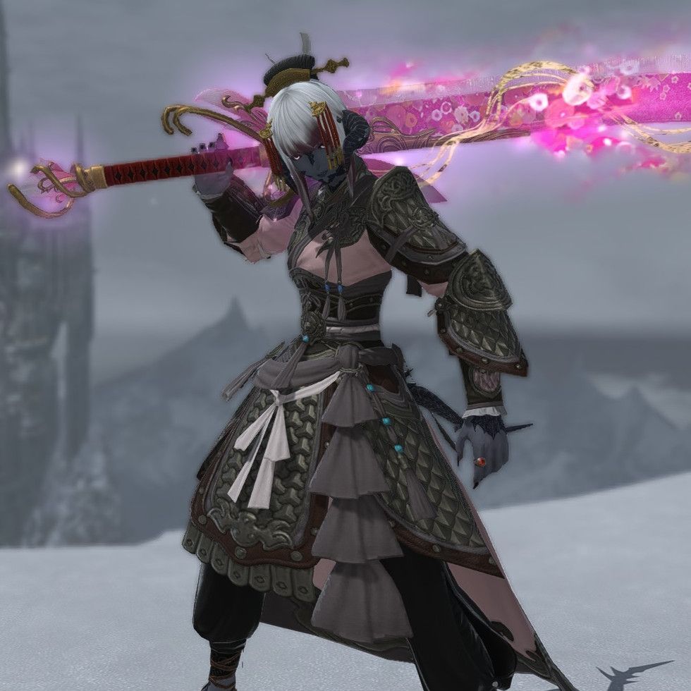 my ffxiv au ra wol with dark skin and scales wearing plated samurai armor and holding a giant fucking curved spring themed sword wjth flower particle effects over her shoulder. she is standing on a snowy cliff with a castle visible in the background