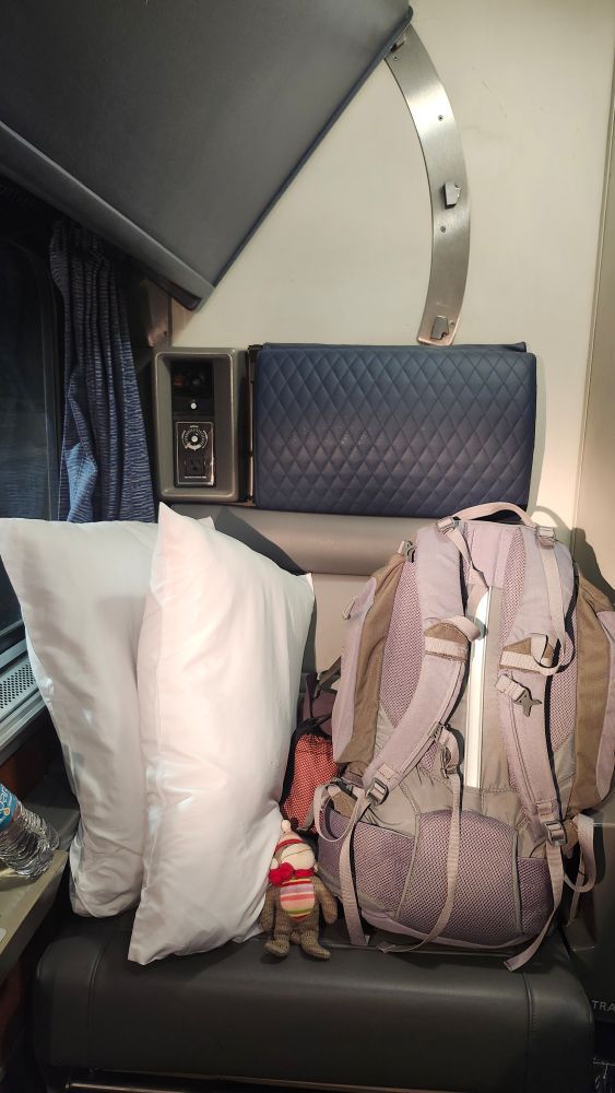 One half of an Amtrak roomette with backpack and stuffed monkey.