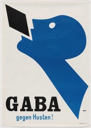 Poster of a blue human head swallowing a large black pill in Art Deco style.