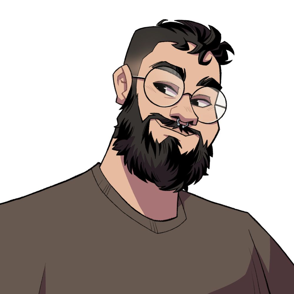 Um desenho feito num estilo cartunesco. Um homem branco com barba, óculos e cabelos pretos. Usa piercing no septo e camisa verde escuro 