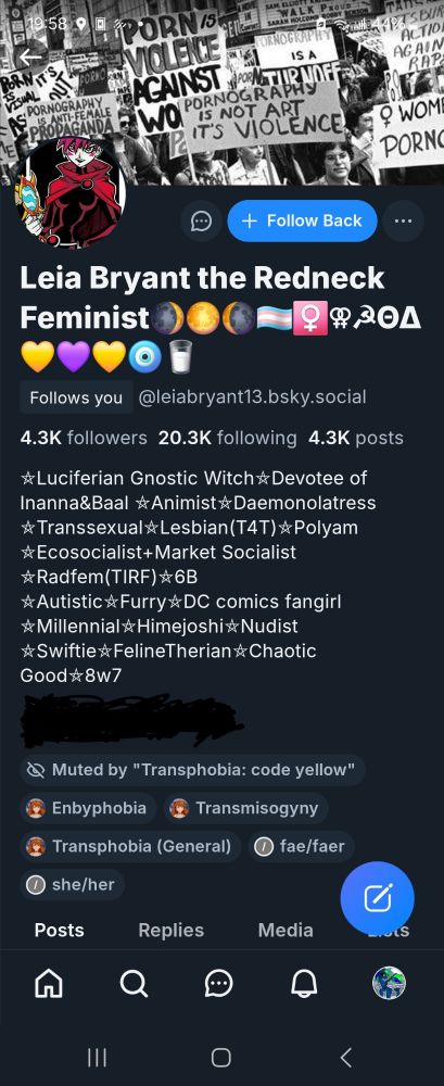 A screenshot of the profile of @leiabryant13.bsky.social

User has a profile banner depicting SWERF signs, user's bio is a tag vomit of identifying terms, including but not limited to; transsexual, ecosocialist, TIRF, nudist, and swiftie.
User has been muted by the "transphobia: code yellow" moderation list, and has been tagged with the transphobia, enbyphobia, and transmisogny labels by Asuka, and the fae/faer, and she/her labels by the pronoun labeler