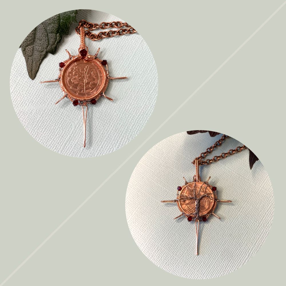 Two photos of a 5¢ German Euro coin pendant with 4 faceted Czech glass beads and 7 short spikes around the outside, a little like a ship's wheel barometer. The front of the coin is a leaf and the back has a globe and "5 EURO CENT"