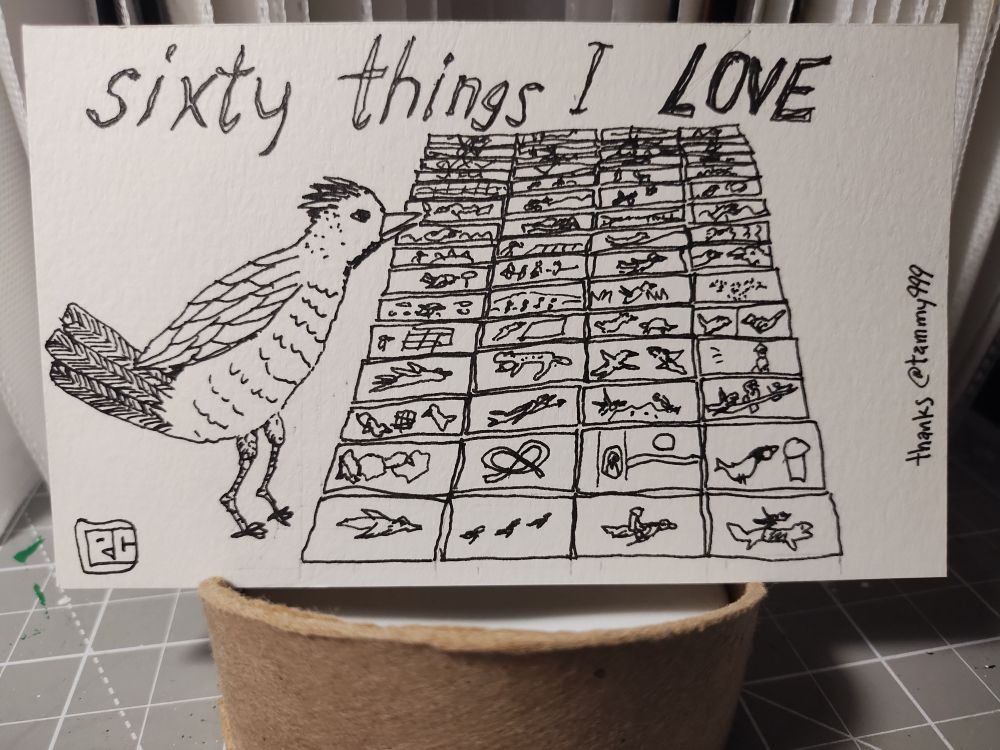 Pen and ink drawing of a bird in front of an array of 60 index card drawings. Text: sixty things I love