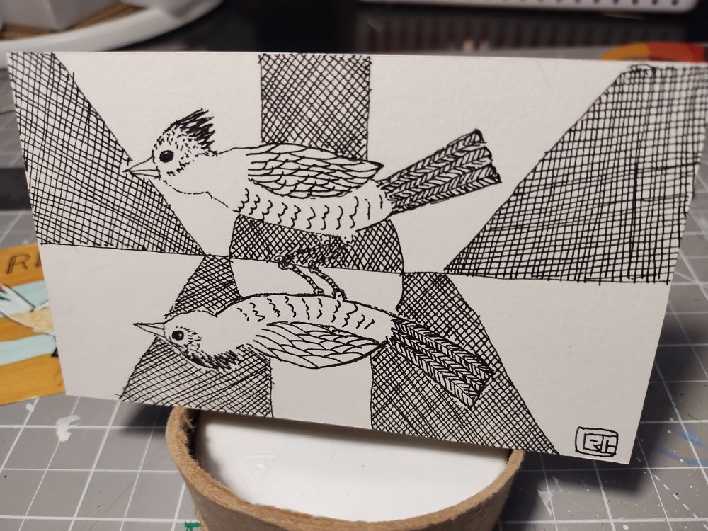 Pen and ink drawing of two birds, one right side up and one upside down, in a geometric background.