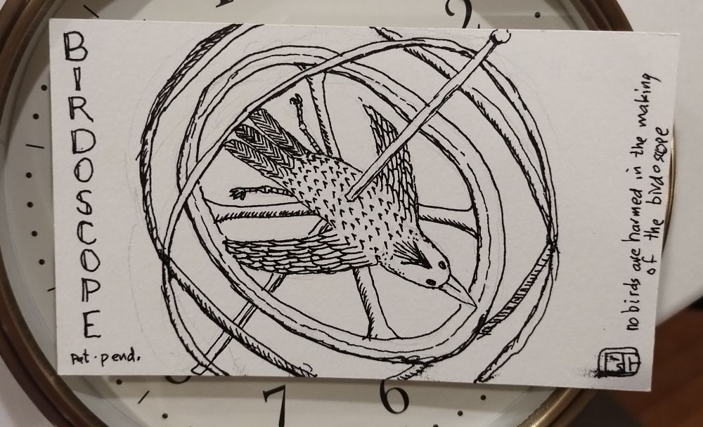 Pen and ink drawing of a bird in the middle of a gyroscope. Text: Birdoscope (pat. pend.). Small text: no birds are harmed in the making of the Birdoscope.