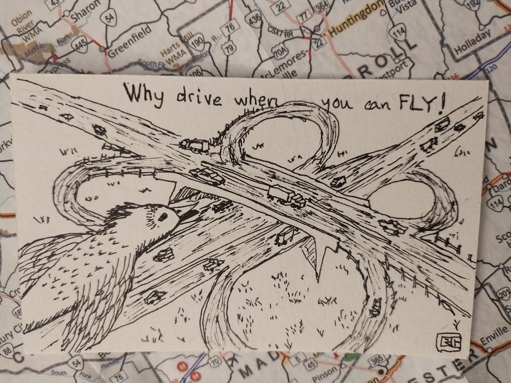 Pen and ink drawing of a bird flying over cloverleaf highway roads with random cars and trucks. Text: Why drive when you can fly!