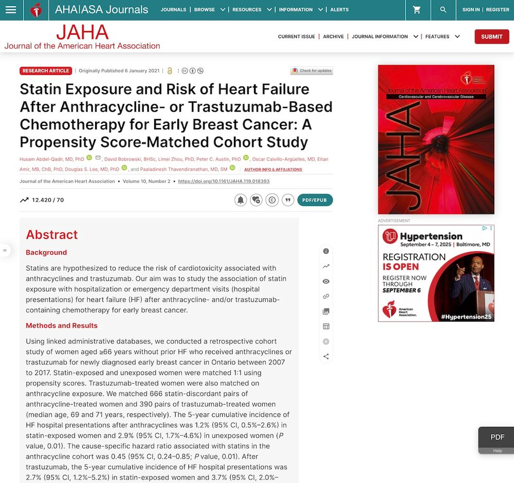 Exposición a estatinas y riesgo de insuficiencia cardíaca después de quimioterapia basada en antraciclinas o trastuzumab para el cáncer de mama en etapa temprana: Un estudio de cohortes emparejado por puntuación de propensión