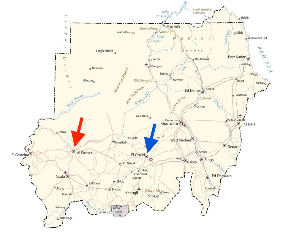 map of Sudan marked with today's areas of activity.