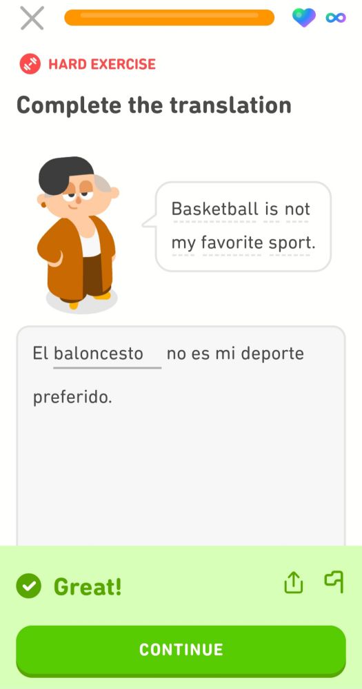 Duolingo lesson in which a character states that basketball is not her favorite sport. Same, Duolingo toon, same!