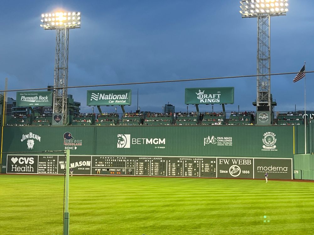 Fenway park scoreboard showing Rockies losing 2-0 at the top of the 5th. 