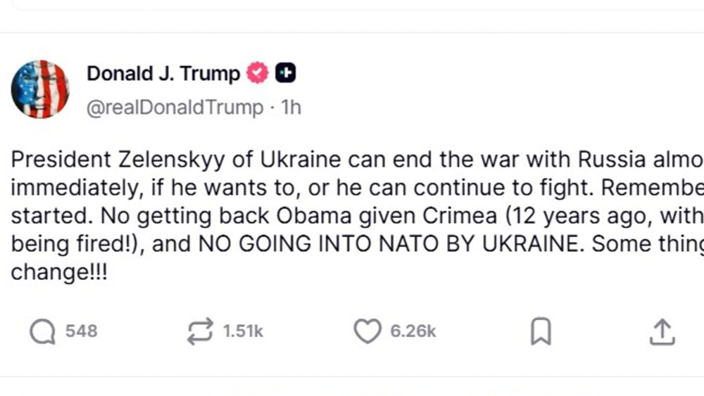 Trump post on Truth social: "President Zelenskyy of Ukraine can end the war with Russia almost immediately, if he wants to, or he can continue to fight. Remember how it started. No getting back Obama given Crimea....and NO GOING INTO NATO BY UKRAINE. Some things never change!!"
