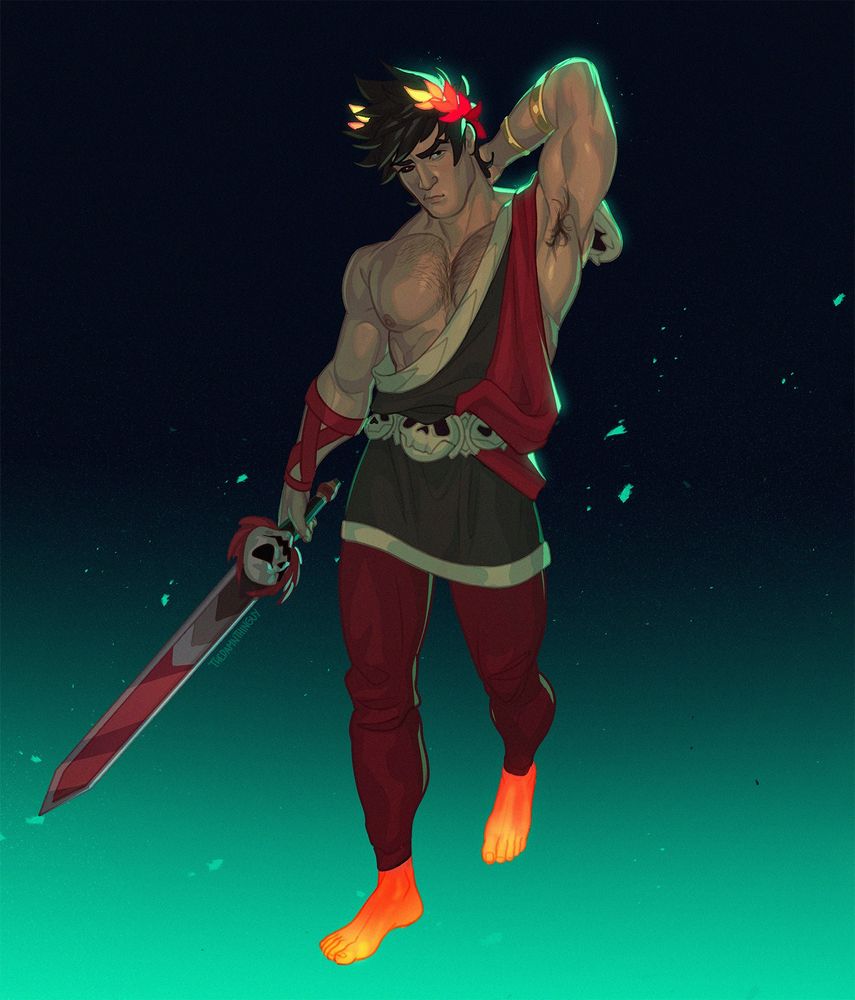 Illustration of Zagreus, from the game Hades. He's holding a sword adorned with a skull on is right hand, while his left hand rests behind his neck. He has a frustrated expression on his face while looking at the viewer.
