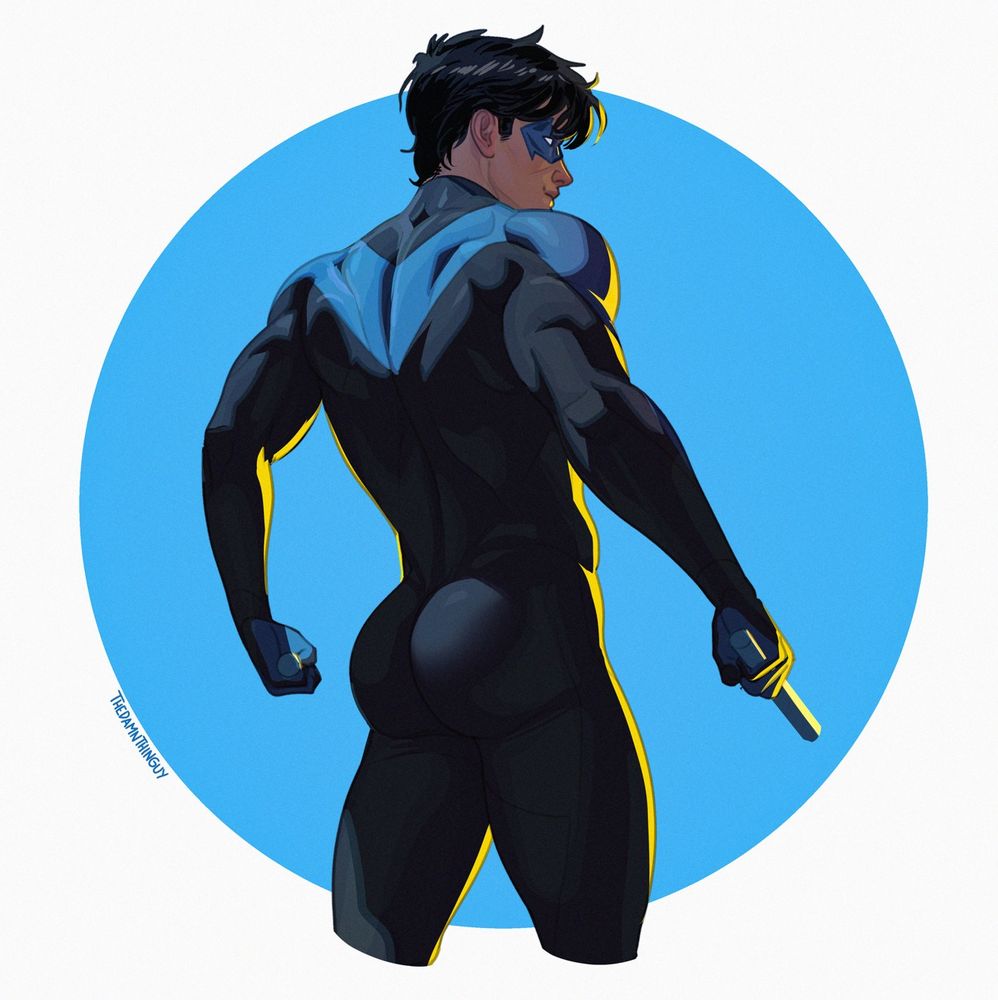 A drawing of Nightwing. His back is facing the viewer, emphasizing his...assets.